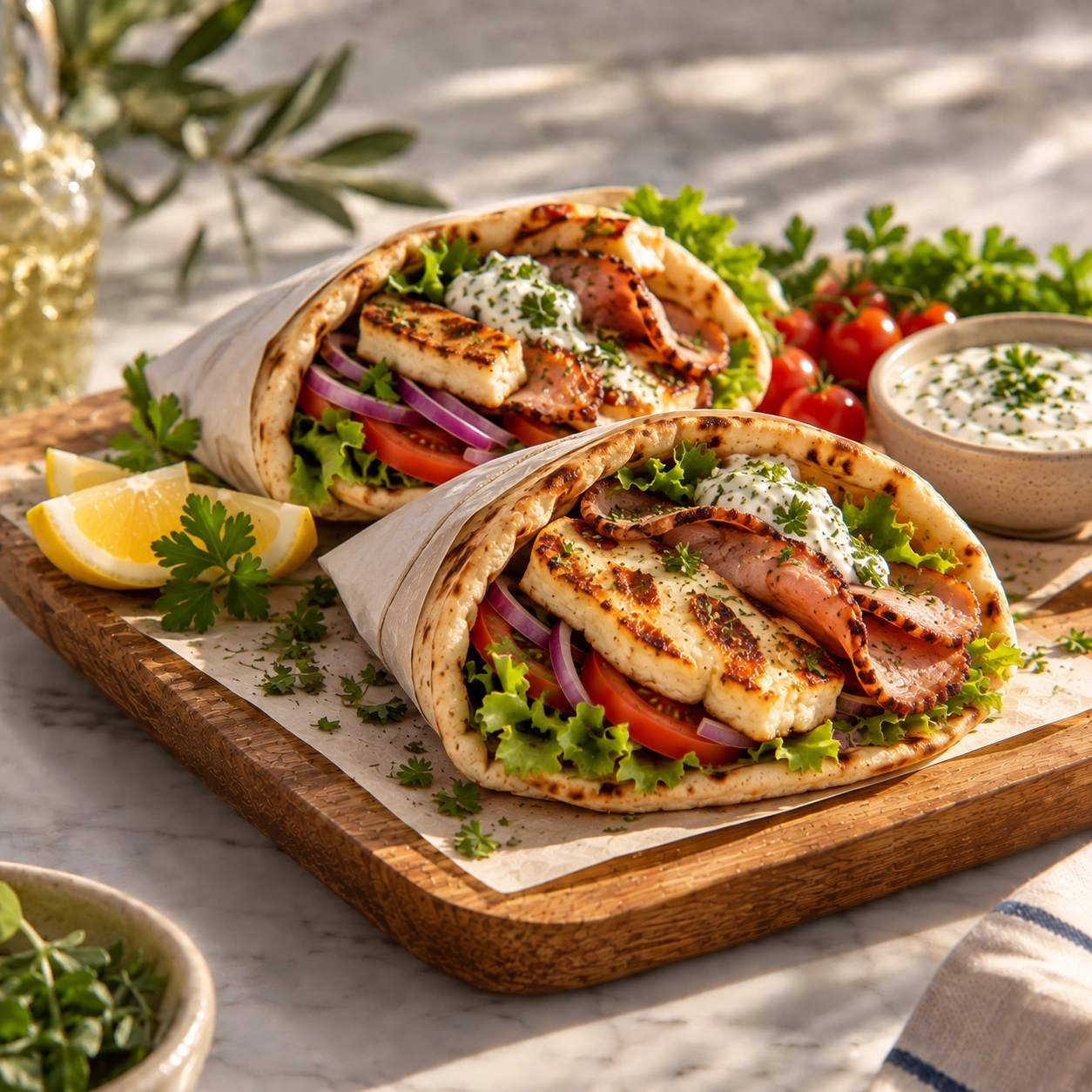 Pitta with Halloumi & Lountza